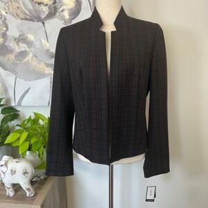 Nine West Blazer Womens 8 Black Plaid Open Front Stretch Lined Career Jacket